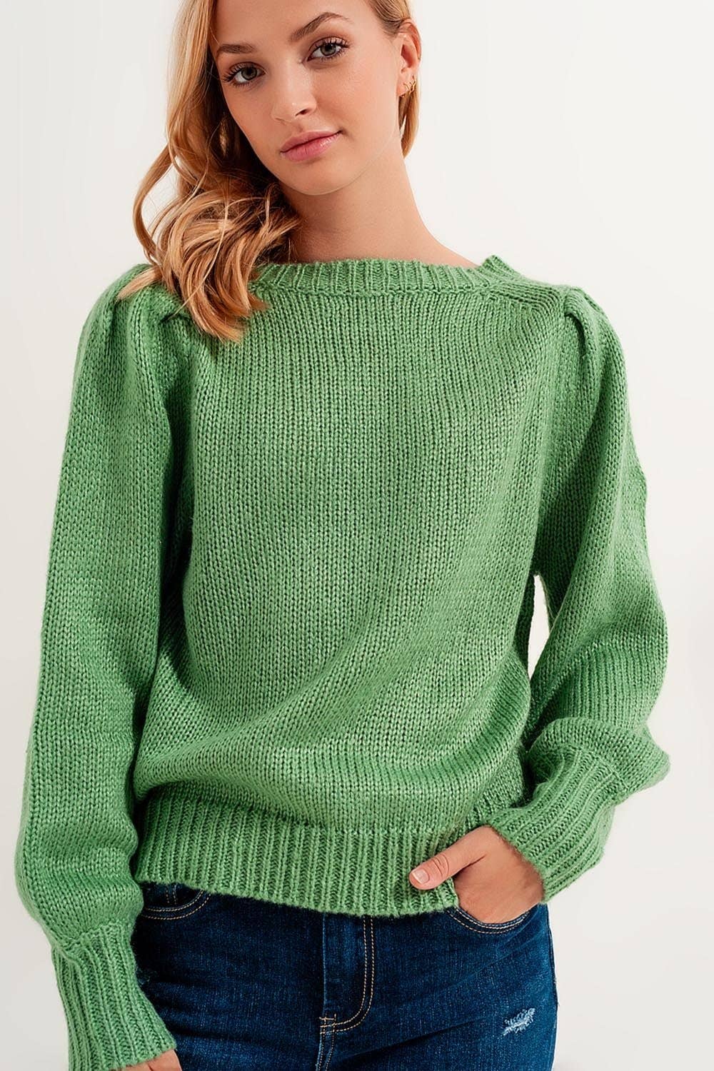 Pleat sleeve cropped sweater in green