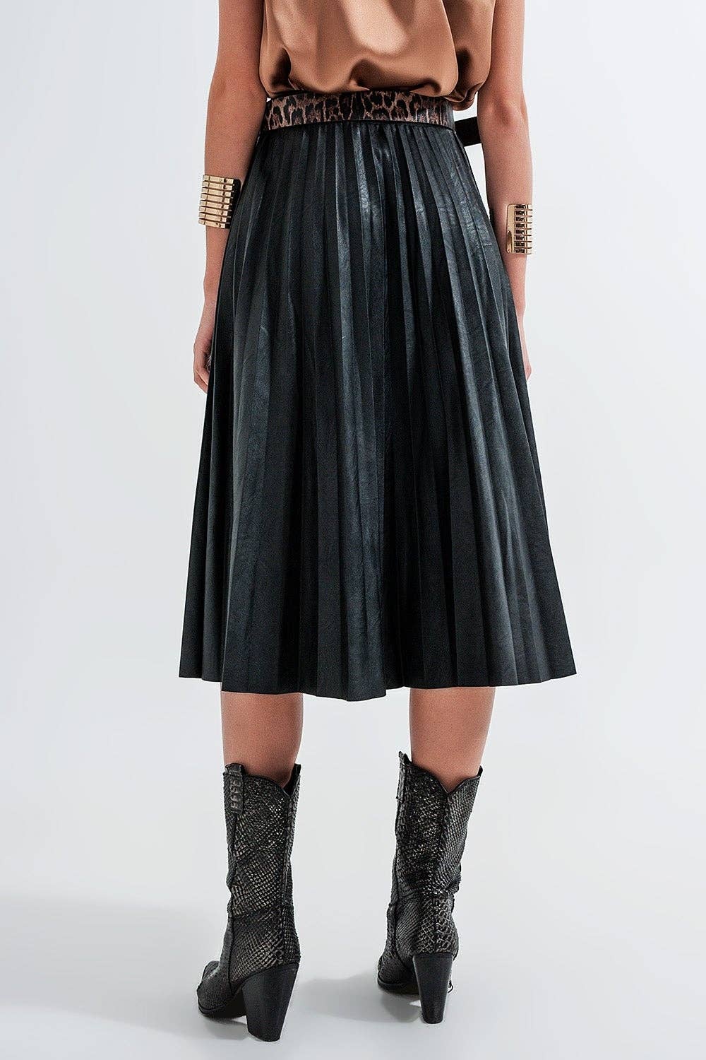 Leather look pleated midi skirt
